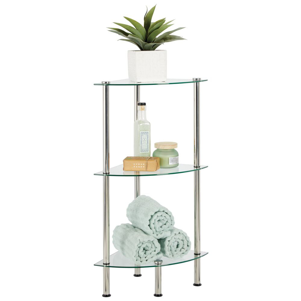 mDesign Bathroom Floor Storage Corner Tower, 3 Tier Open Glass Shelves - Compact Shelving Display Unit - Multi-Use Home Organizer for Bath, Office, Bedroom, Living Room - Clear/Chrome Metal