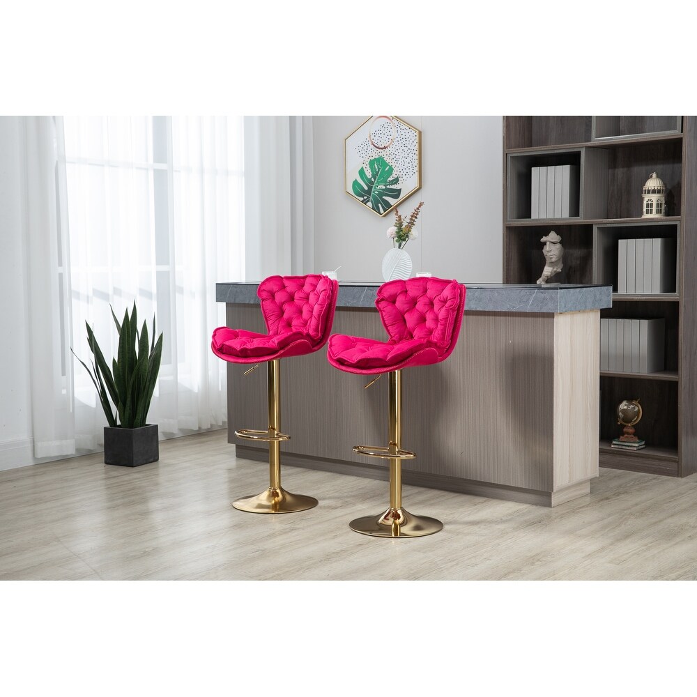 Modern Swivel Bar Stools  Set of 2  Adjustable Counter Height Velvet Upholstered Tufted Bar Stools with Back   Footrest