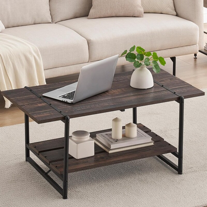 2 Tier Modern Industrial 41'' Large Wooden Coffee Table with Storage Shelf