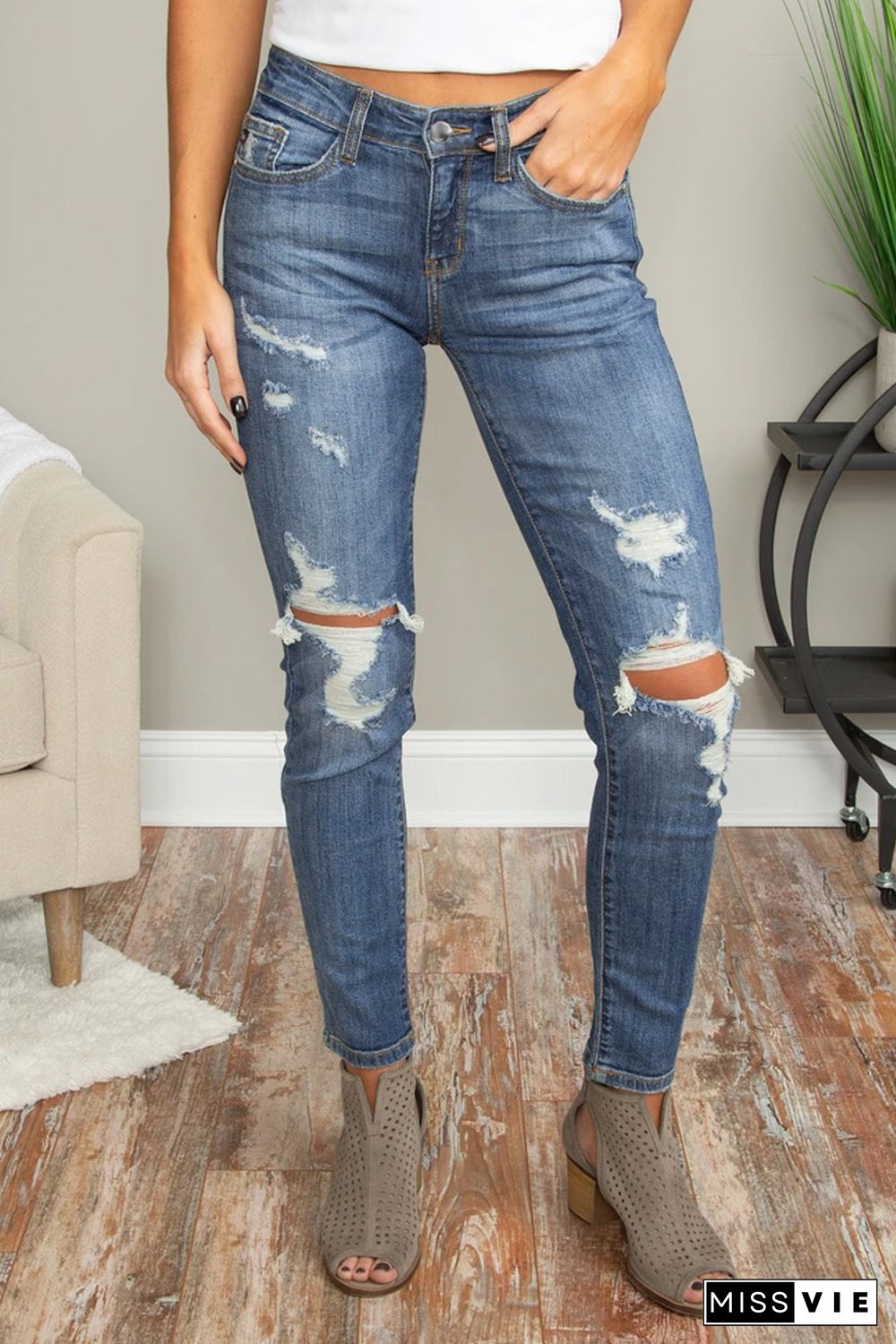 Blue Hollow Out Vintage Skinny Ripped Jeans