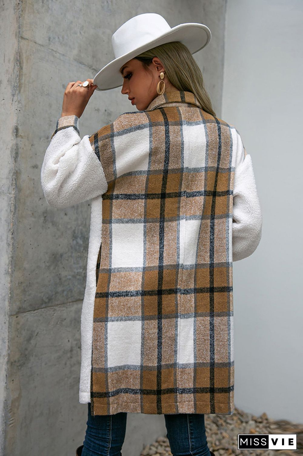 Fleece Open Button Plaid Patchwork Long Jackets