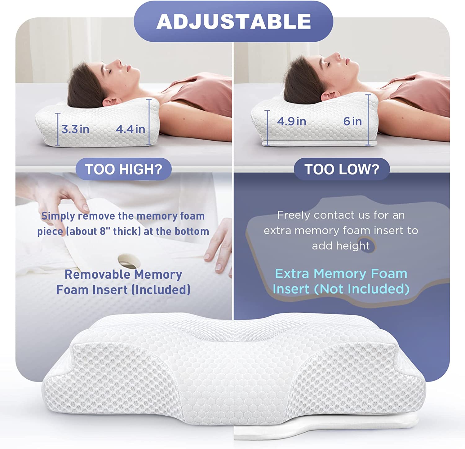 ALLJOYRR Adjustable Cervical Pillow for Neck Pain Relief, Hollow Contour Memory Foam Pillows Plus Support, Odorless Orthopedic Bed Pillows for Sleeping, Shoulder Pillow for Side Back Stomach Sleeper