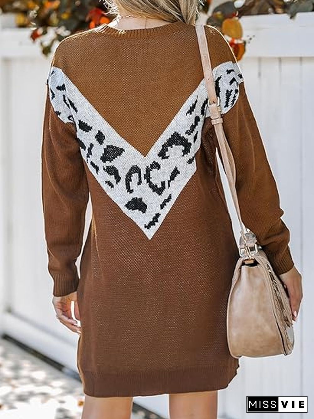 Brown Print Long Sleeve Sweater Mini Dress