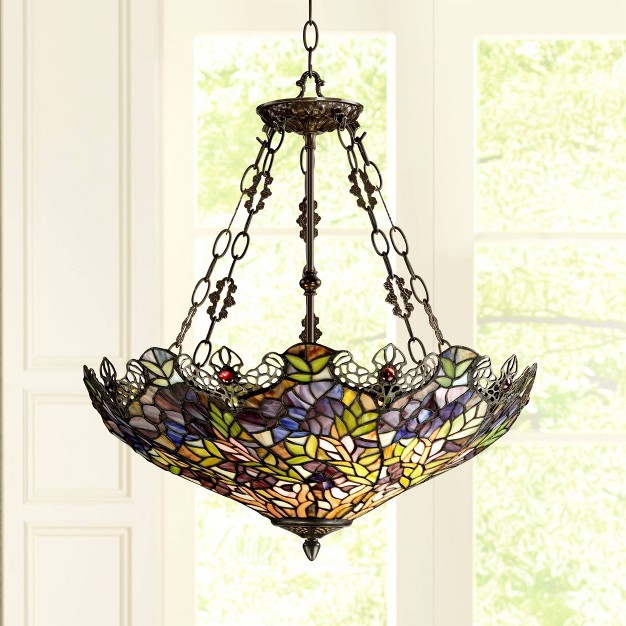 Wide Rustic Floral Garden Stained Glass 3 light Fixture For Dining Room House Foyer Kitchen Island