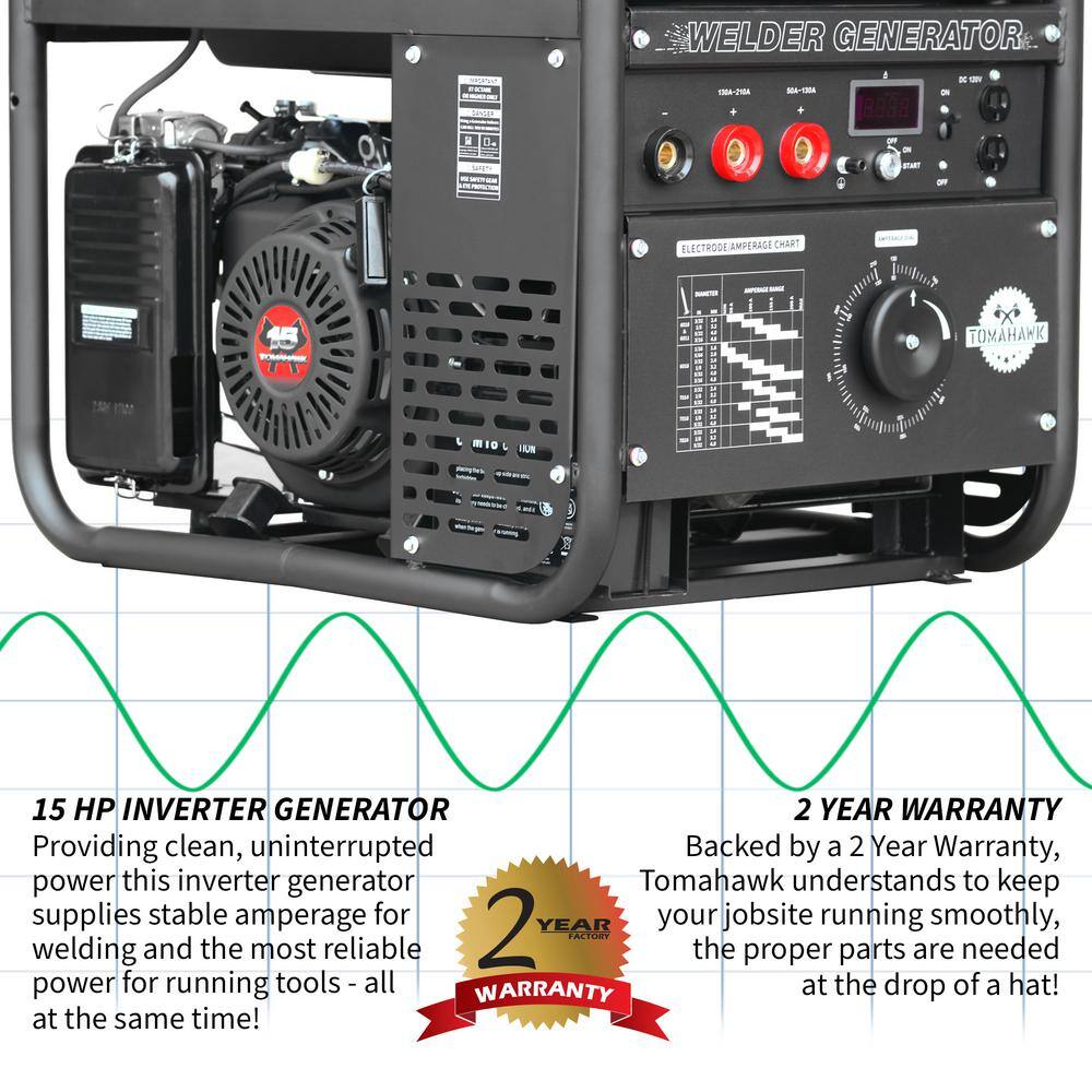 Tomahawk Power 210 Amp DC Multi Process MMA TIG Stick Welder Generator w 15 HP 2000-Watt Electric Start Inverter Engine Driven Welder TWG210A