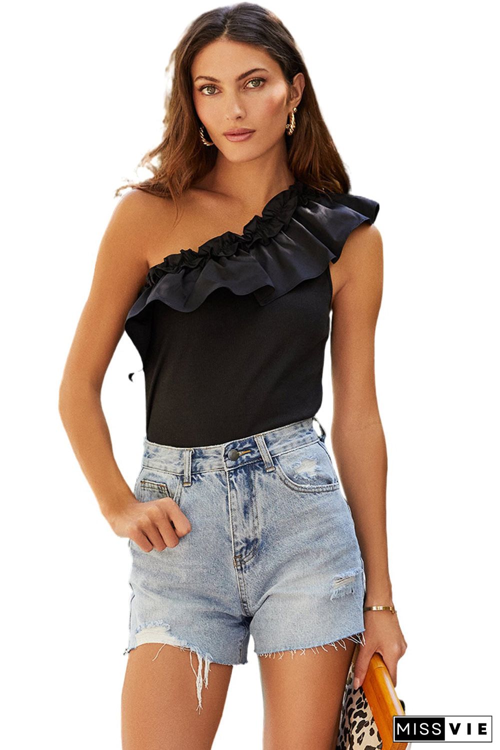 One Shoulder Ruffle Ribbed Tank Top