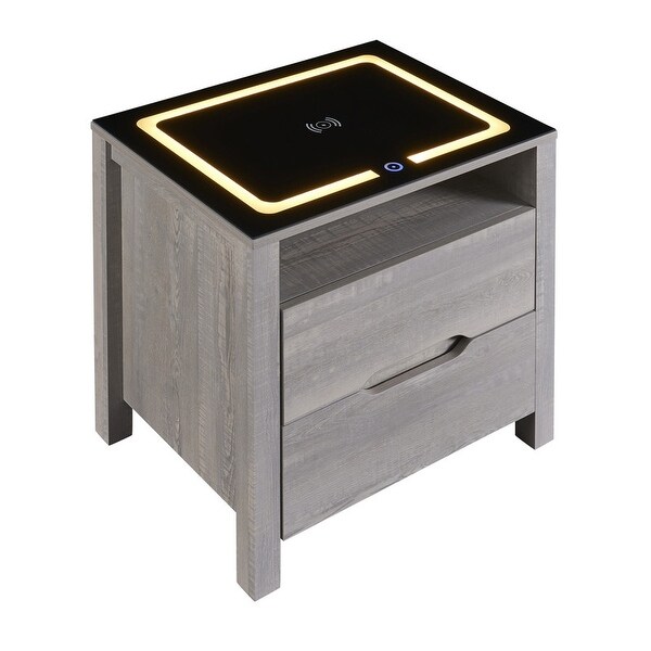 Nightstand with Wireless Charging Station and LED Lights， Modern End Side Table with 2 Drawers and Open Compartment for Bedroom - - 37244648