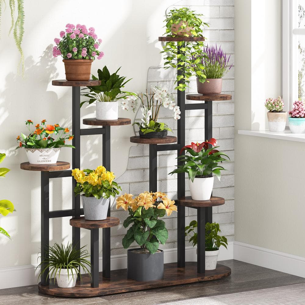 BYBLIGHT Wellston 44 in. Brown Round Wood Indoor Plant Stand with Tall Plant Rack Display Holder Planter Organizer BB-ZHS006XF