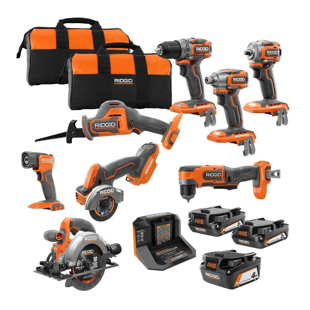 RIDGID 18V SubCompact Brushless Cordless 8-Tool Combo Kit with (2) 2.0 Ah Batteries 4.0 Ah Battery Charger and Bag R96262N