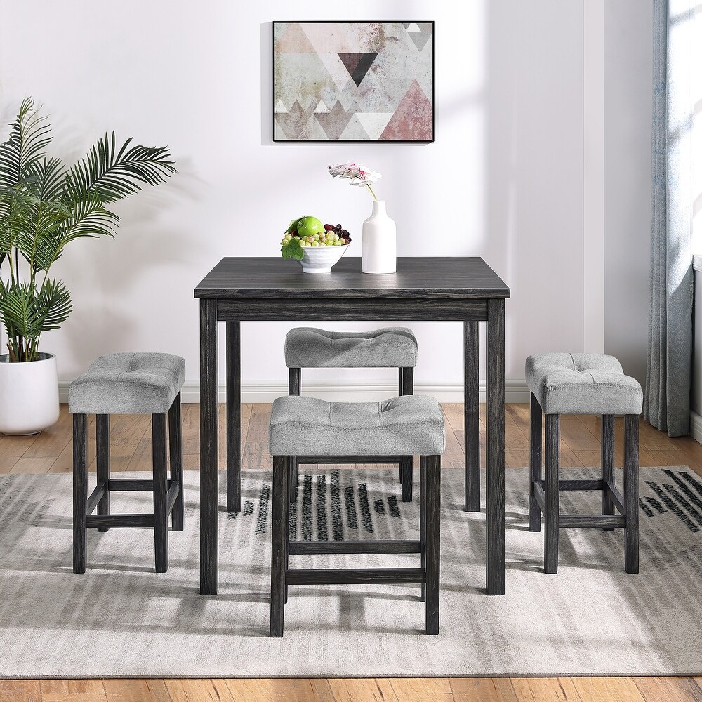 Modern Rustic 5 Pieces Dining Table Set with Counter Height Table and 4 Upholstered Stools Chairs for Kitchen Dining Room