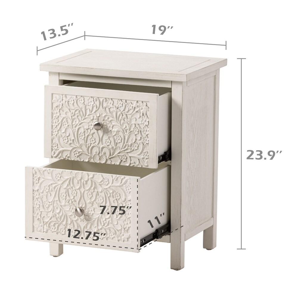 COZAYH Farmhouse Fully Assembled Nightstand with 2 Drawer  Flower Motif End Table for Small Spaces  French Country