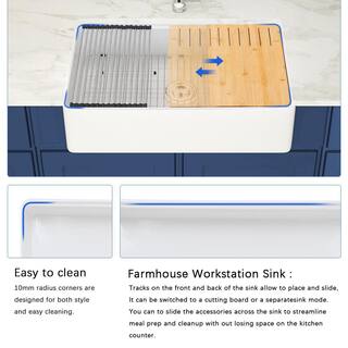 CASAINC White Fireclay 33 in. Single Bowl Farmhouse Apron Workstation Kitchen Sink with Accessories CA-WH7038