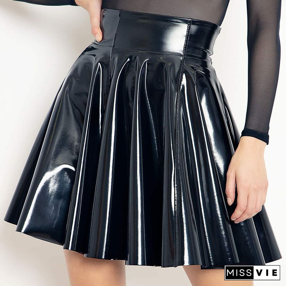 Shiny Patent Leather Sleeveless Tank Dress Women Gothic PVC Wet Look A-line Mini Pleated Dress Lady Bodycon Dress Party Custom