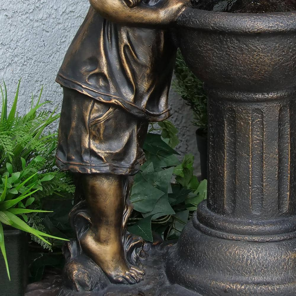 Alpine Corporation 27 in. Tall Indoor/Outdoor Boy Drinking From Water Fountain with LED Lights, Bronze GXT740