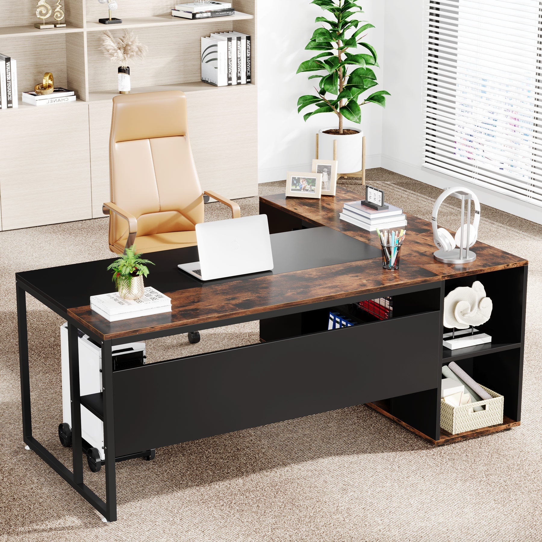 71 inch Executive Desk, L-Shaped Computer Desk with Storage Cabinet