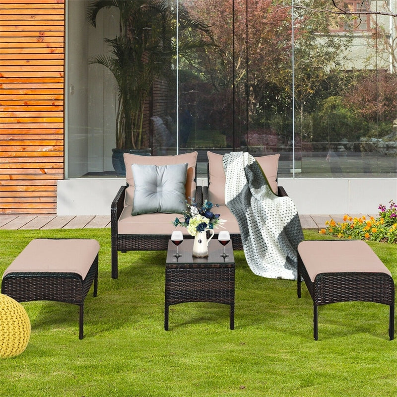 5 Pcs Rattan Patio Conversation Sets with Ottomans & Coffee Table, Wicker Outdoor Bistro Set