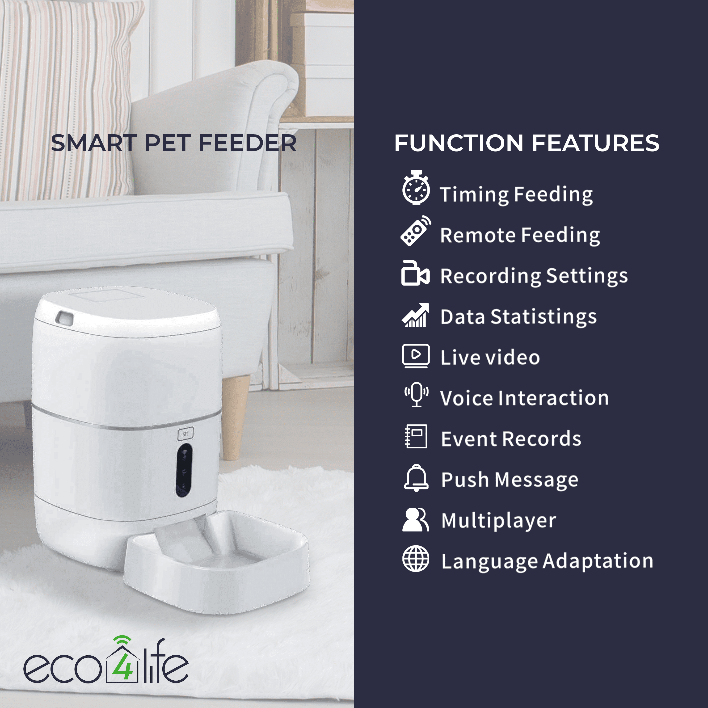 eco4life 6L WiFi Smart Pet Feeder with Built in Camera， Auto Food Dispenser with Portion Control， Distribution Alarms and Voice Recorder