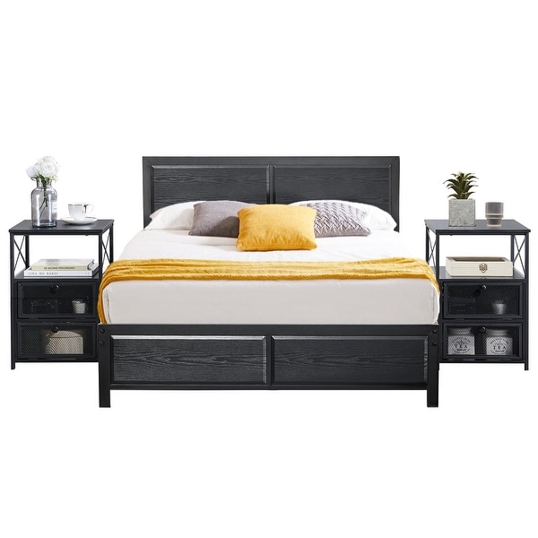 Industrial 3 Piece Bedroom Set Platform Bed Frame and Nightstands Set of 2， Black - - 37127705