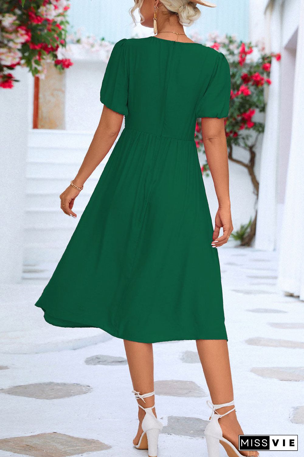 Solid V Neck front twist Midi Dress