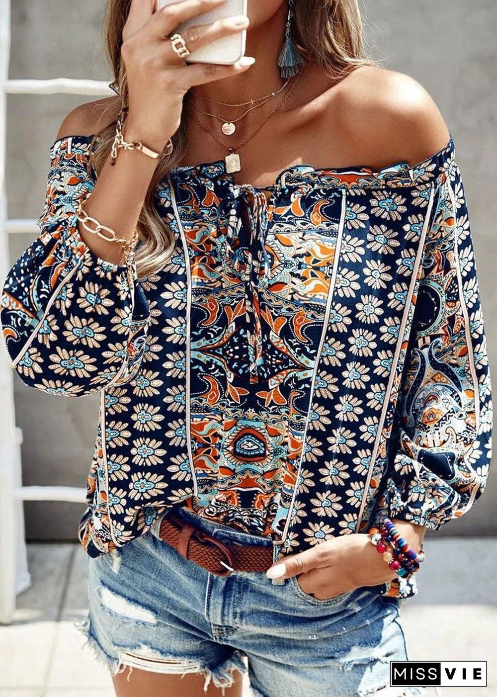 Casual Blue Cold Shoulder Print Cotton Blouse Top Long Sleeve