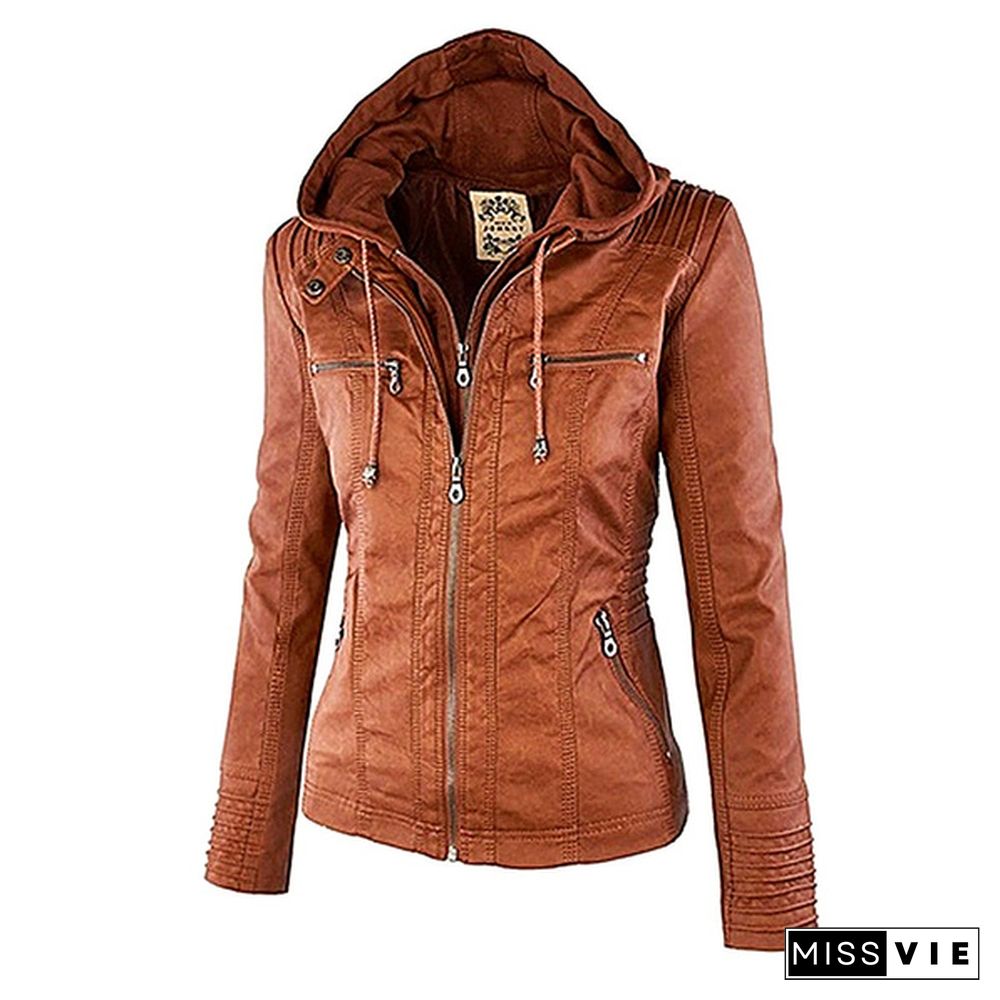 New Arrival Plus Size Women Fashion Autumn Winter Coat Jacket Long Sleeve Zipper New Women's Stylish Slim Removable Hooded Leather Jackets Coat Ladies Tops Motorcycle Coat Outerwear