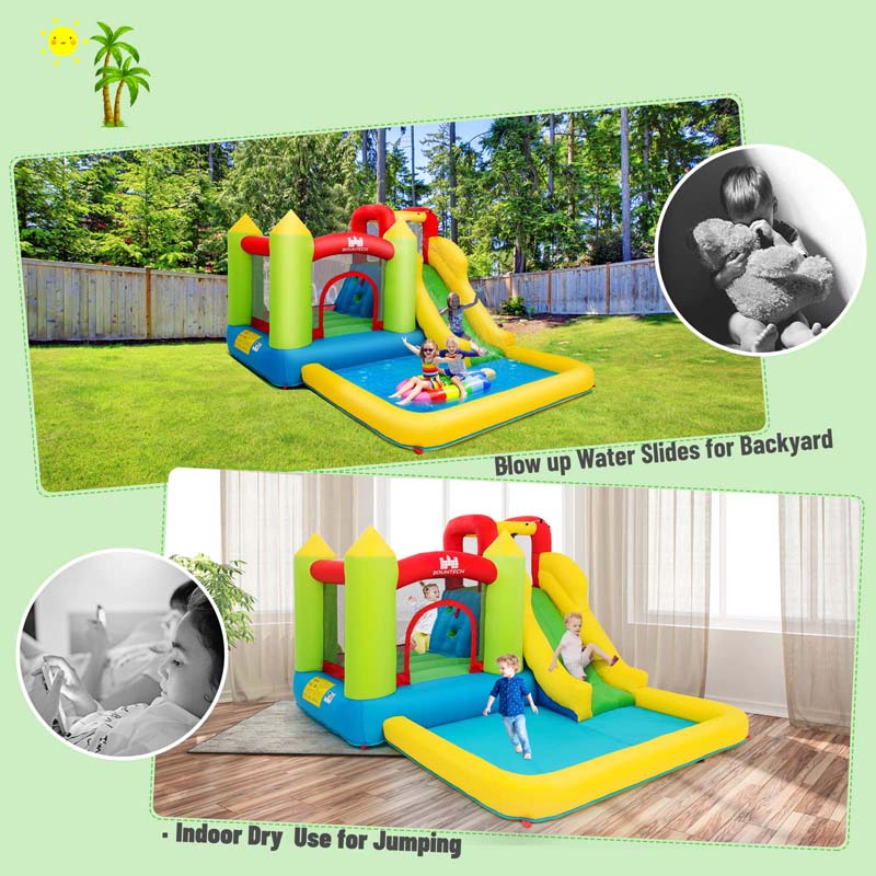 5-in-1 Kids Inflatable Water Slide Bounce House Water Park with Trampoline, Climbing Area, Large Splash Pool, Air Blower