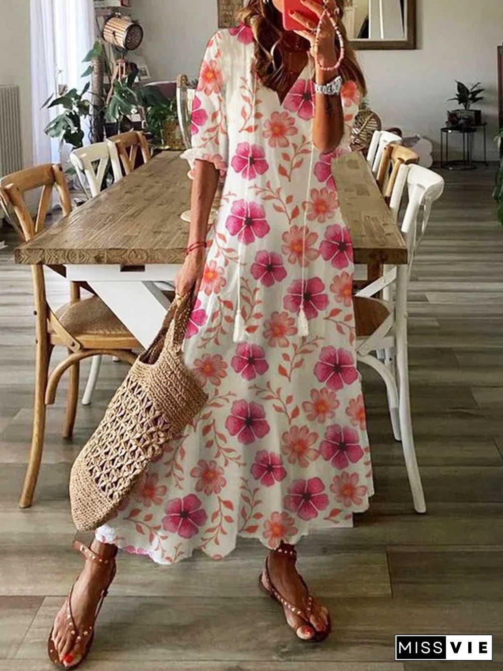 Floral Casual Vacation V Neck Tassel Three Quarter A-Line Dresses