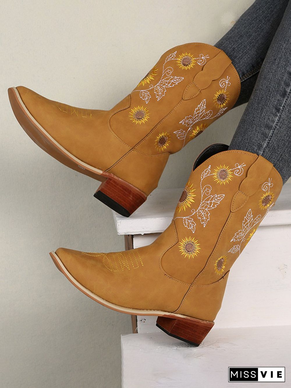 Sunflower Embroidery Boho Cowboy Boots