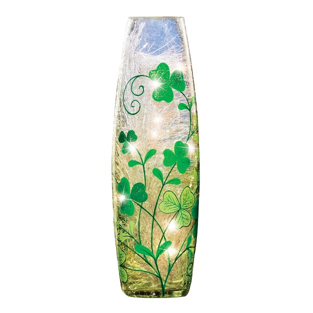 Collections Etc Hand painted Glittery Shamrocks Crackled Glass Tabletop Lamp 3 75 X 3 75 X 11 75 Clear Modern amp Contemporary