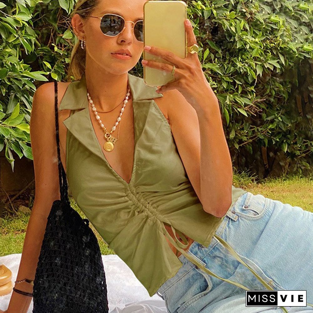 Deep V Neck Sleeveless Tank Top Women Summer Crop Tops Ruffles Drawstring Black Fashion Skinny Elastic Streetwear