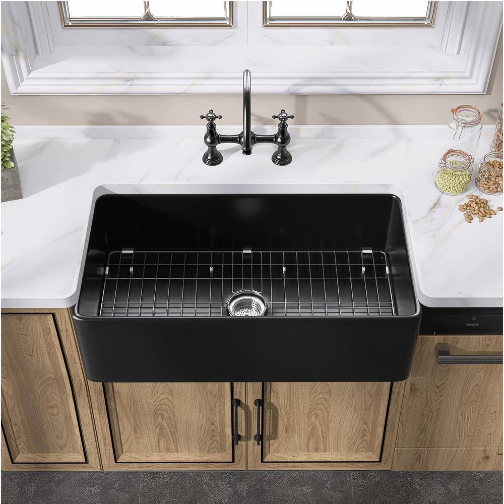 Zeafive 36 in. Fireclay Farmhouse Apron Front Single Bowl Kitchen Sink Matte Black With Bottom Grid and Strainer ZFC3618-B2