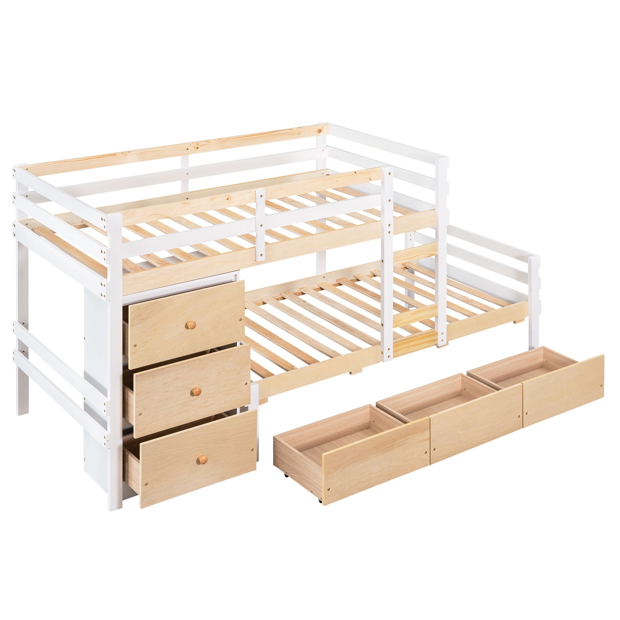 Twin over Twin Bunk Bed with Six Drawers for Kids Room, Natural