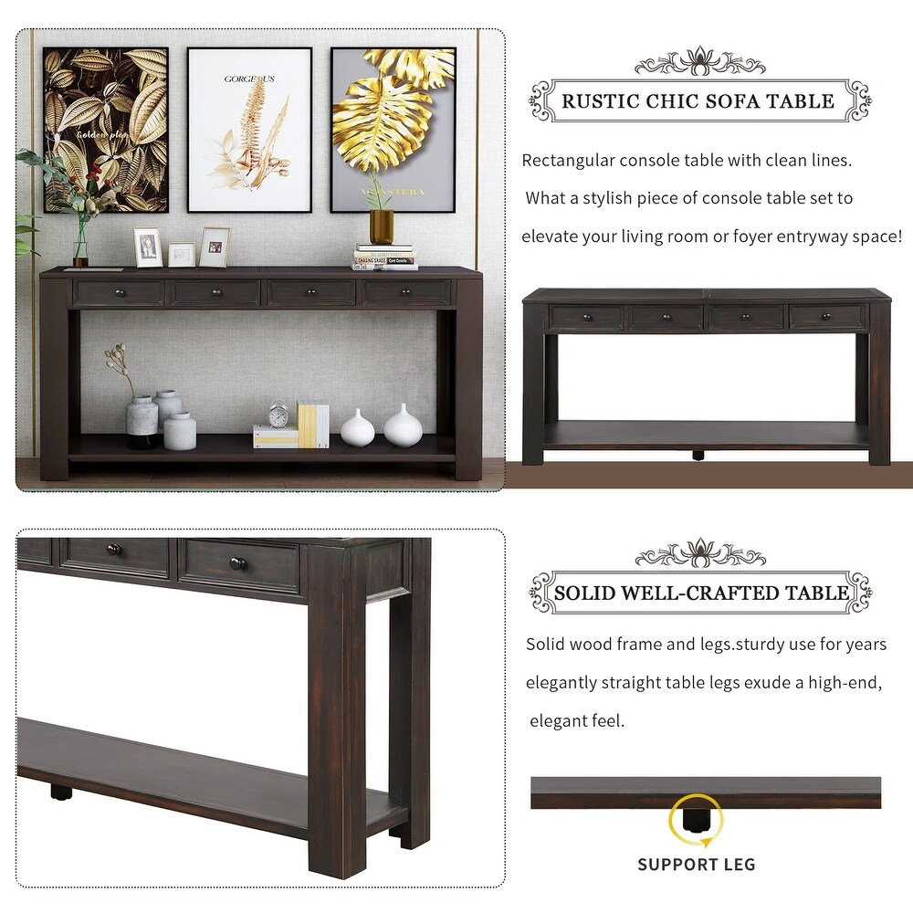 Rectangular Classic Accent Console Table for Entryway Hallway Sofa Table with 4 Storage Drawers and 1 Bottom Shelf