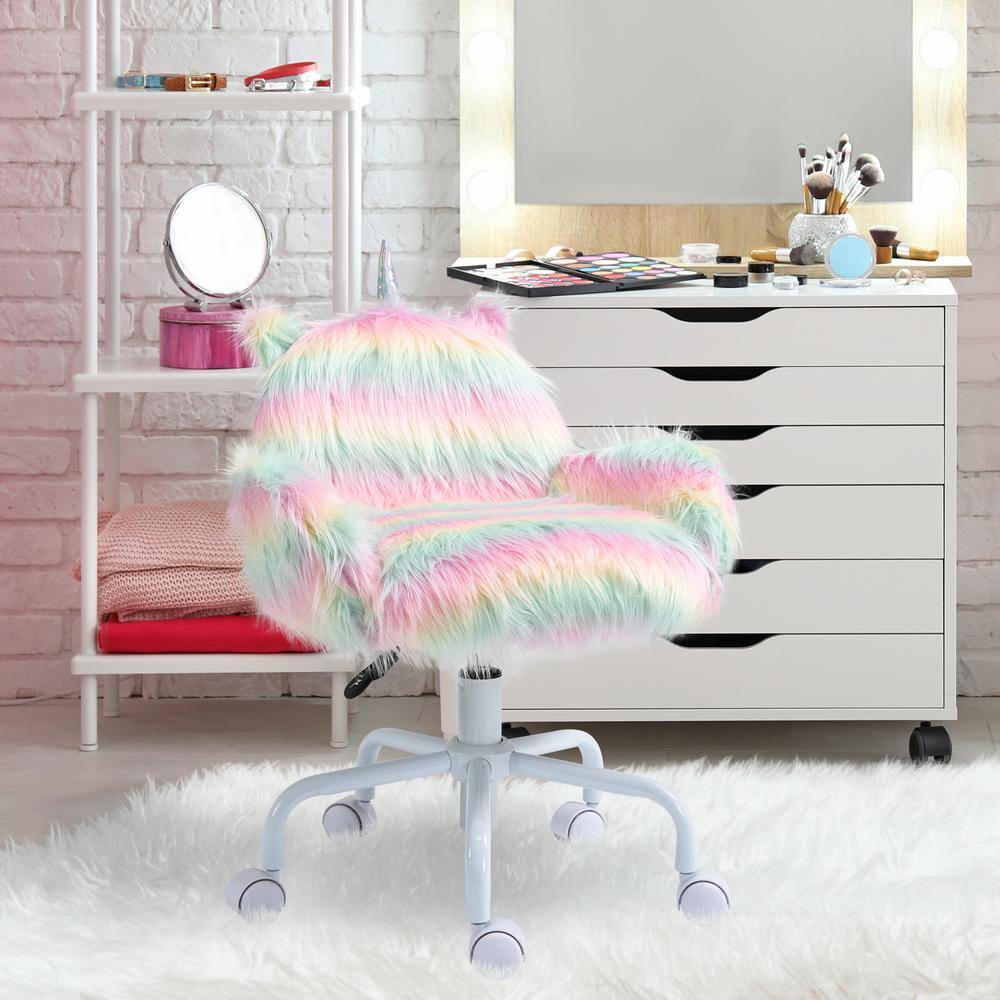 HOMCOM Rainbow color Faux Fur Unicorn Office Chair with Mid-Back and Armrest Support 833-940