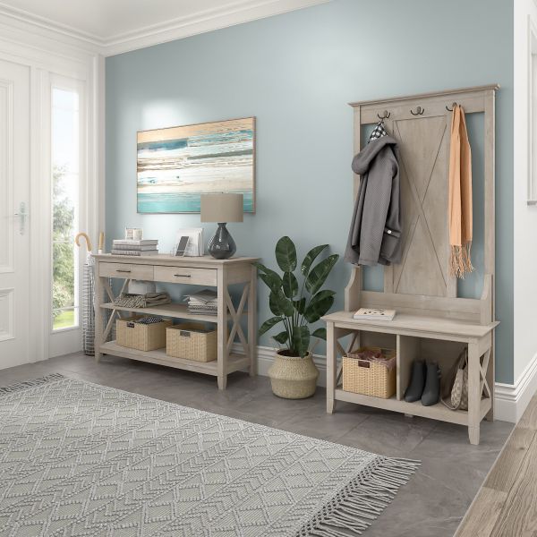 Bush Furniture Key West Entryway Storage Set with Hall Tree， Shoe Bench and Console Table in Washed Gray