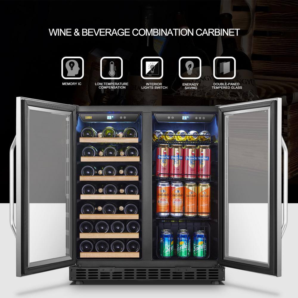 LANBO Wine Refrigerator 30 in. Dual Zone 33-Bottle 70-Can Beverage and Wine cooler in Stainless Steel LW3370B