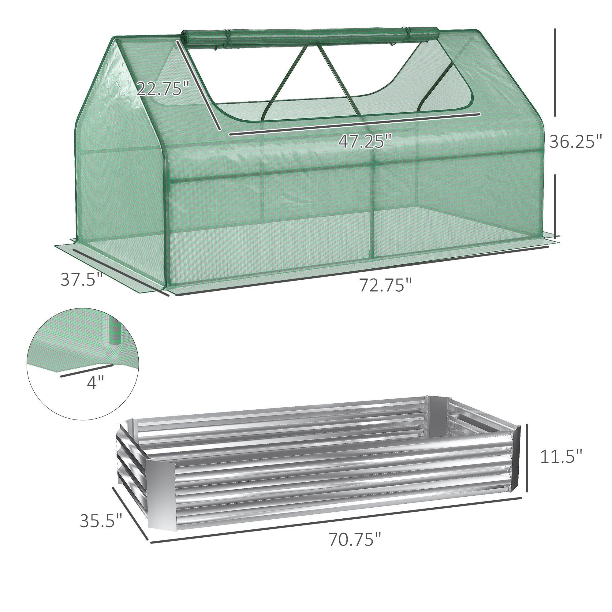 Outsunny Galvanized Raised Garden Bed with Mini Greenhouse Cover, Outdoor Metal Planter Box with 2 Roll-Up Windows for Growing Flowers, Fruits, Vegetables, and Herbs, 73" x 38" x 36", Green