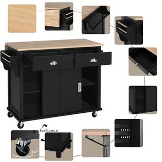 Black Rubberwood Drop-Leaf Countertop 52.2 in. Kitchen Island Cart Sliding Barn Door with Storage and 2-Drawer EC-KIBW-743