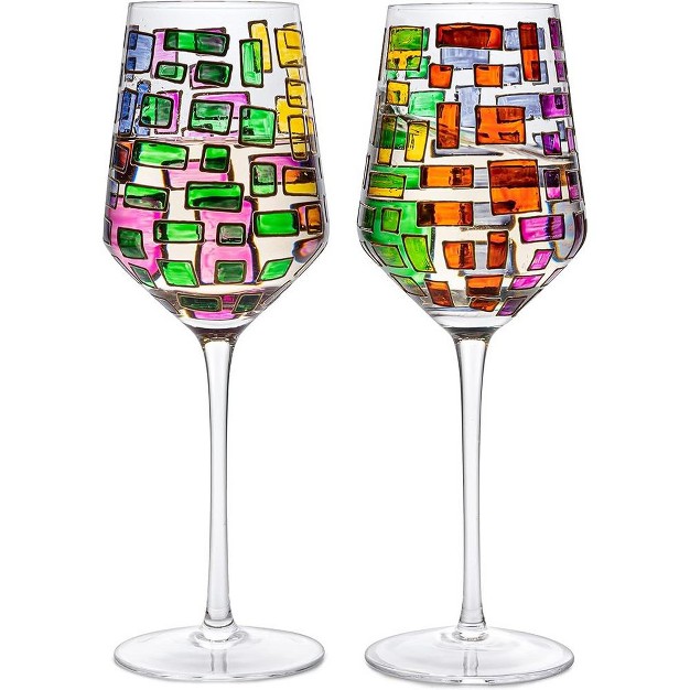 The Wine Savant Hand Painted Renaissance Rectangle Design Wine Glasses Beautiful Stained glass Pattern Unique amp Stylish Home Decor 2 Pk