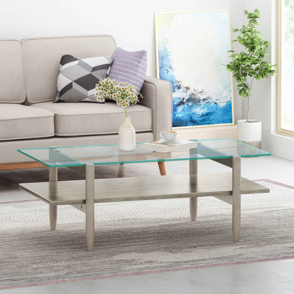 Mumford Acacia Wood Coffee Table With Tempered Glass Top  Brown Mahogany   Midcentury   Coffee Tables   by GDFStudio  Houzz