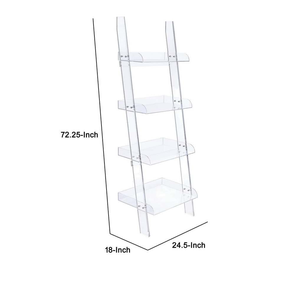 72 Inch Modern Ladder Bookcase  4 Shelves  3 Tray Edges  Clear Acrylic