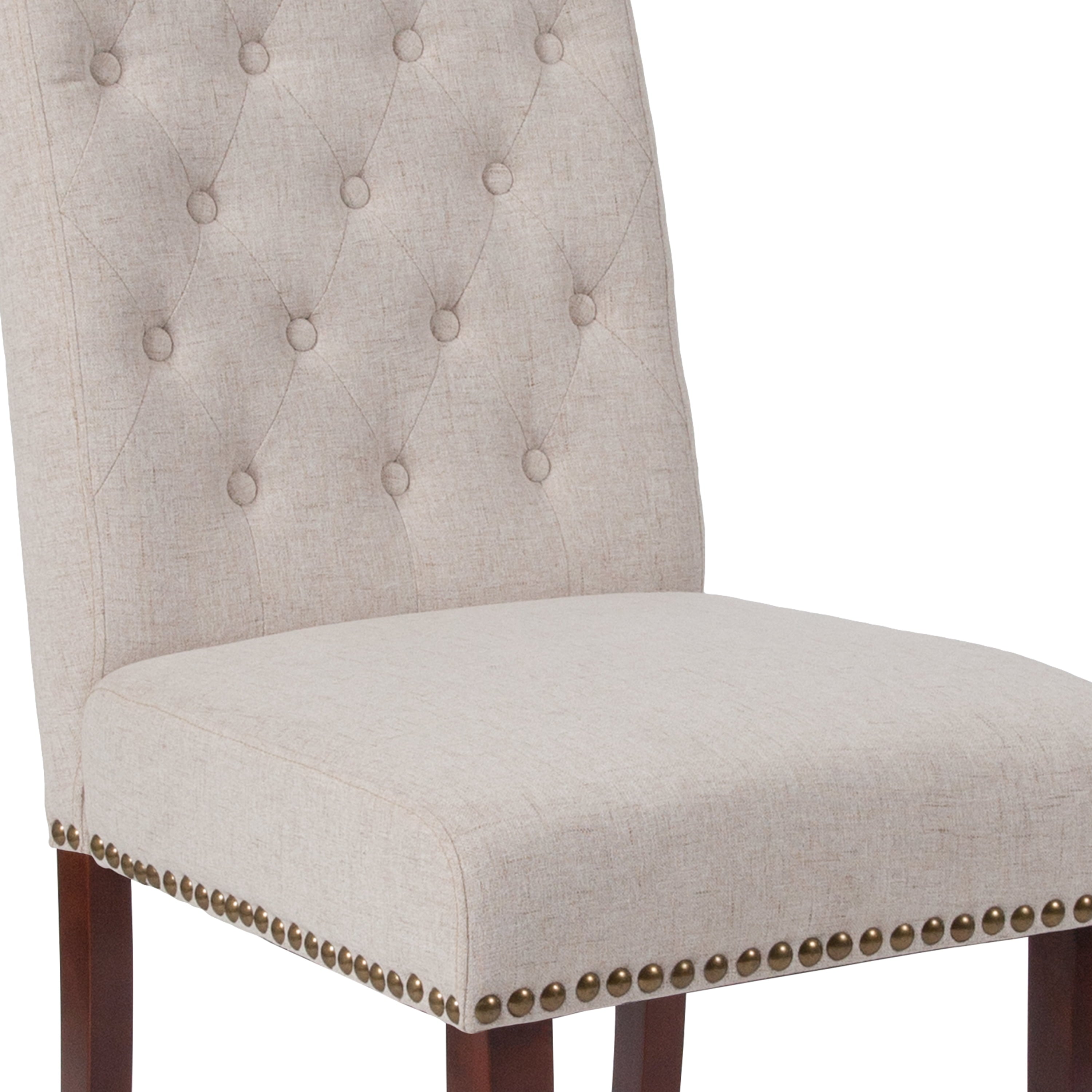 Merrick Lane Upholstered Parsons Chair with Nailhead Trim in Beige Fabric