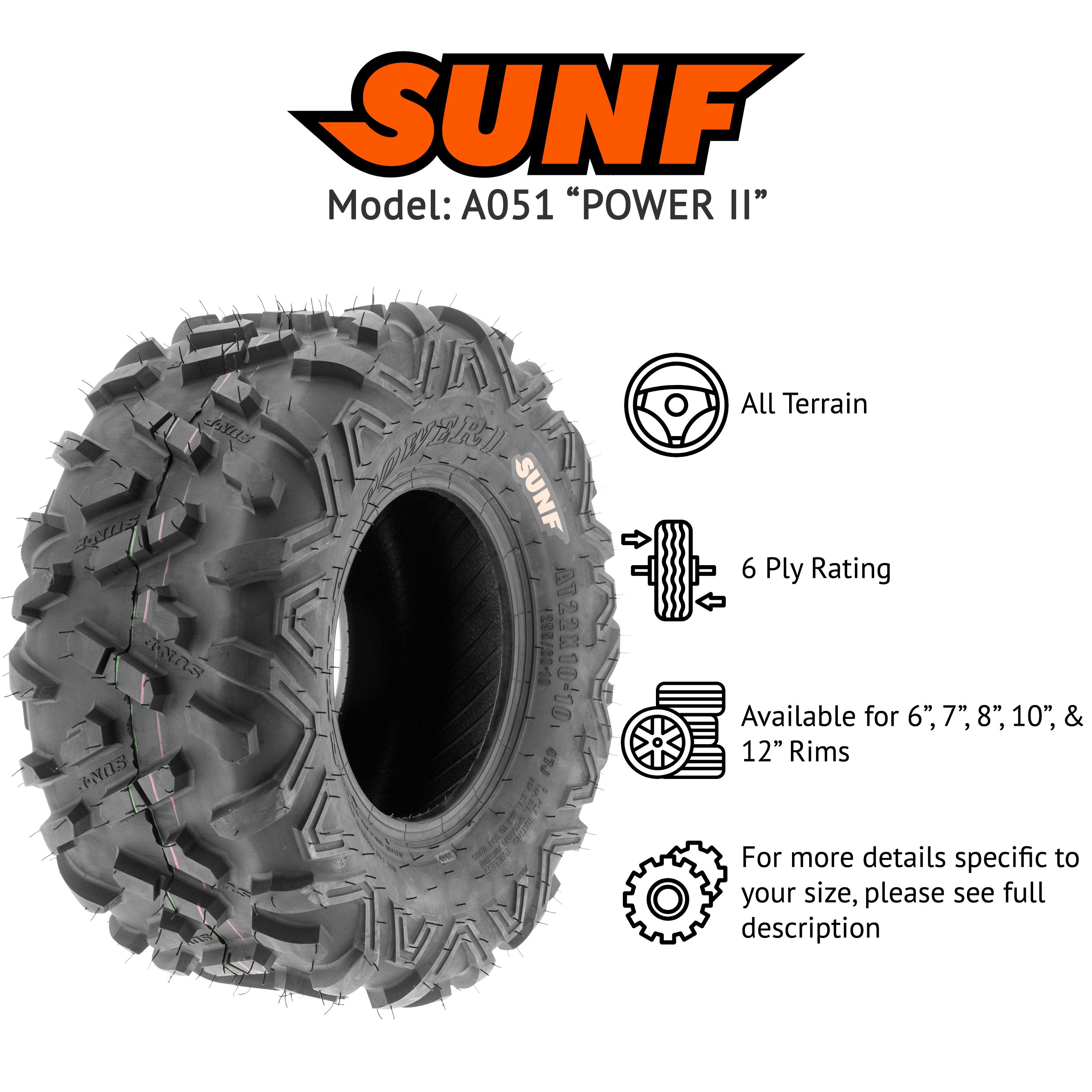 SunF 22x10-10 22x10x10 ATV UTV All Terrain AT Tire 6 PR A051 (Pair of 2)