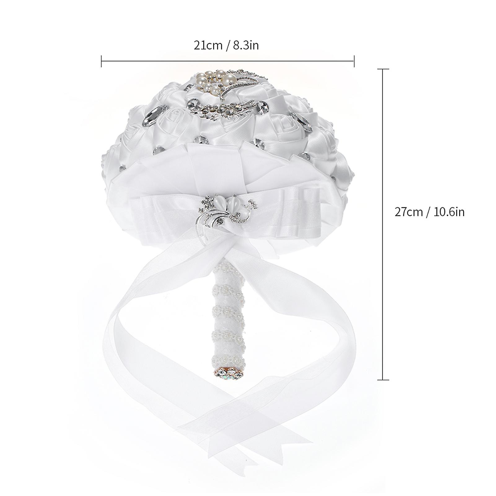21cm Handmade Wedding Brooch Rhinestone Bridal Bouquet Satin Rose Flower With Artificial Pearls Decorated For Bride Wedding Supplies Light Yellow