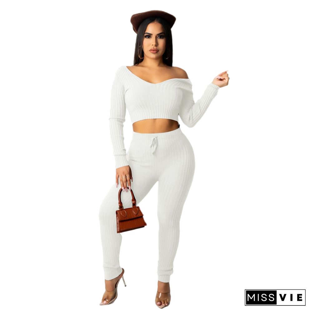 Solid V Neck Crop Top Lace Up Pants Set