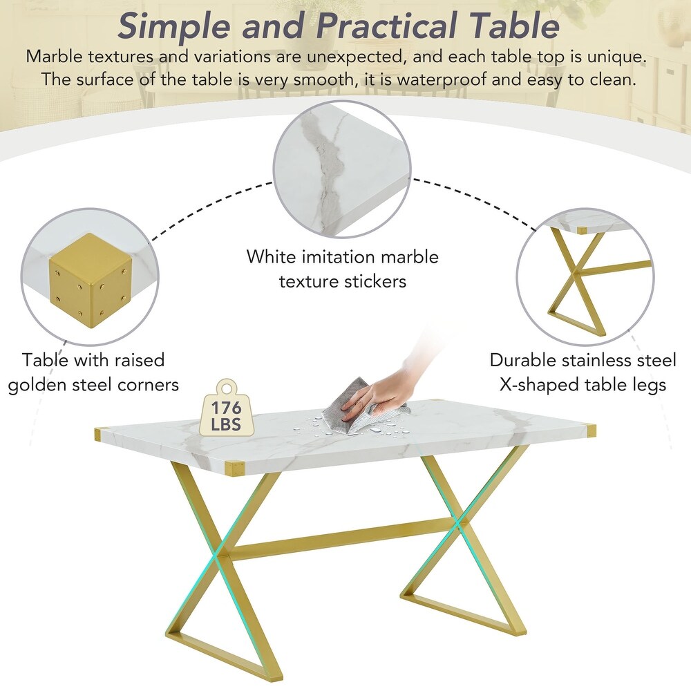 Modern 7 Piece Dining Set: Rectangular Faux Marble Table  PU Leather Chairs with Gold Steel Legs