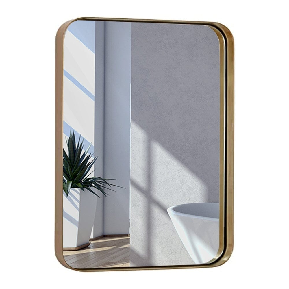 Contemporary Brushed Metal Wall Mirror | Glass Panel Gold Framed Rounded Corner Deep Set Design (16