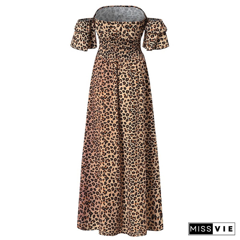 S-5Xl Women Strapless Leopard Print Sexy Tunic Dress Short Sleeve Off Shoulder Evening Party Maxi Dresses Kleid