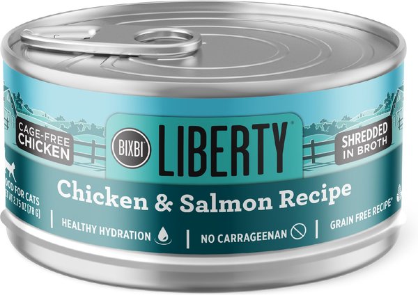 BIXBI Liberty Chicken and Salmon Recipe in Broth Grain-Free Wet Cat Food， 2.75-oz can， case of 24