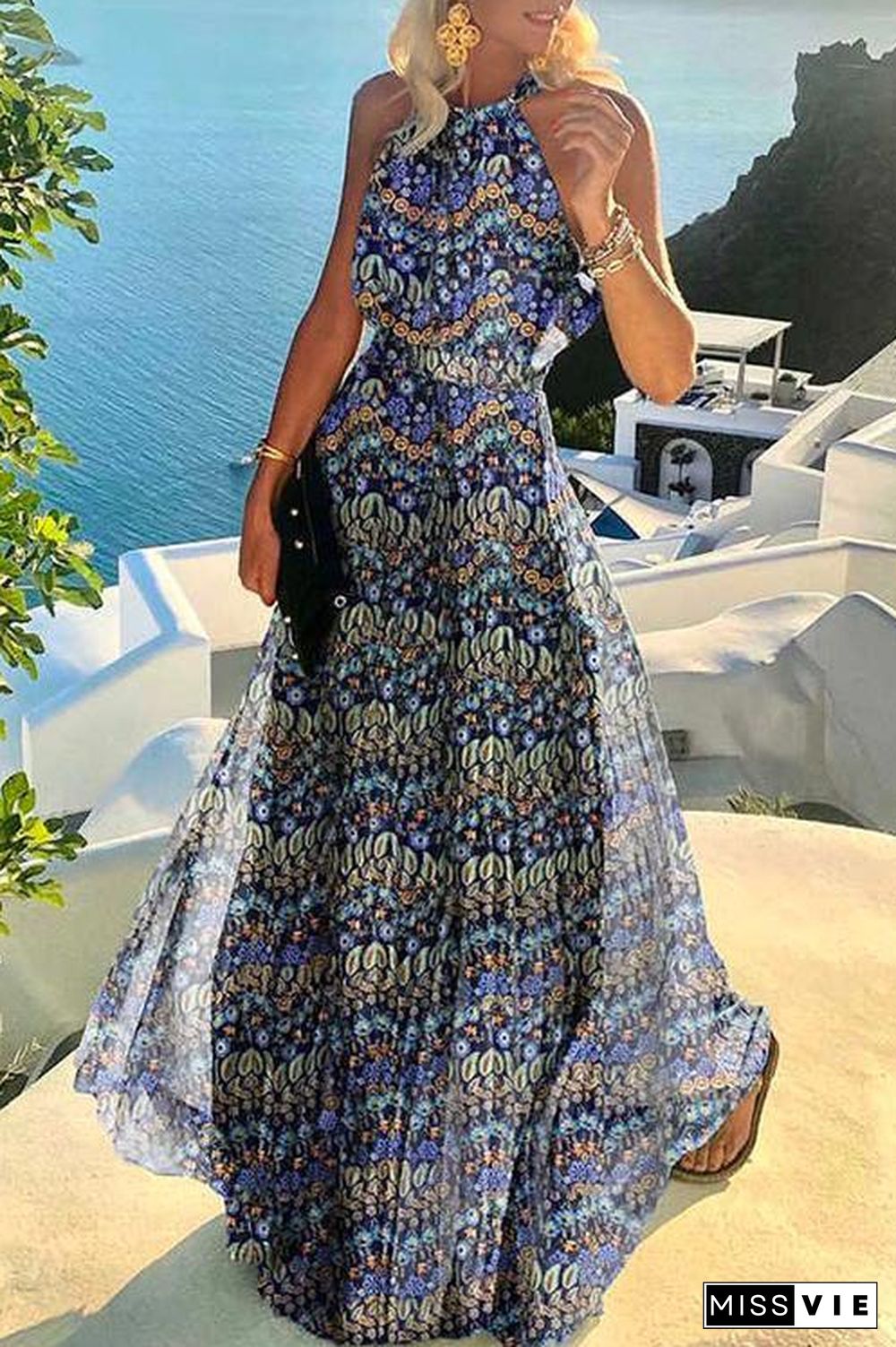 Sleeveless Halter Waisted Printed Flowy Maxi Dress